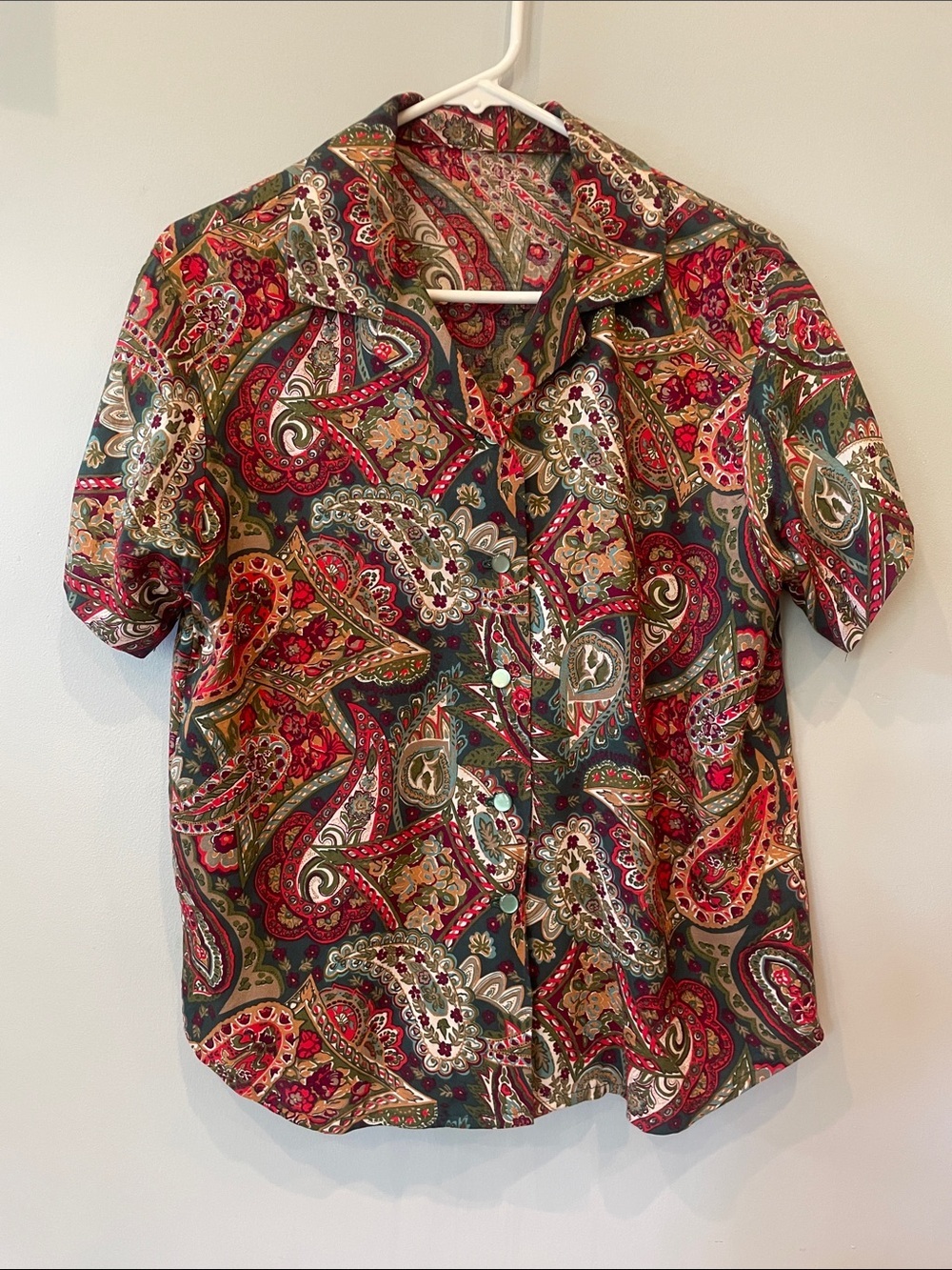 Vintage-Inspired Paisley Button-Up Shirt in Red & Green handmade large fit
